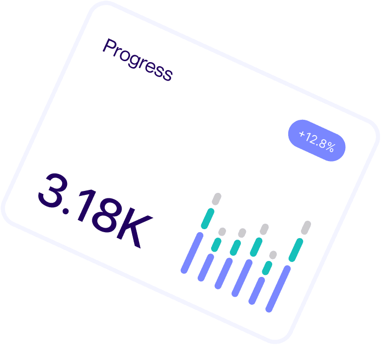 A progress card showing 3.18K hours spent, up 12.8%.