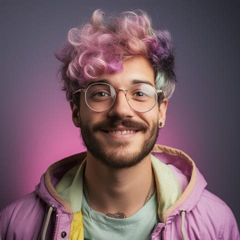 A smiling person with pink curly hair and glasses.