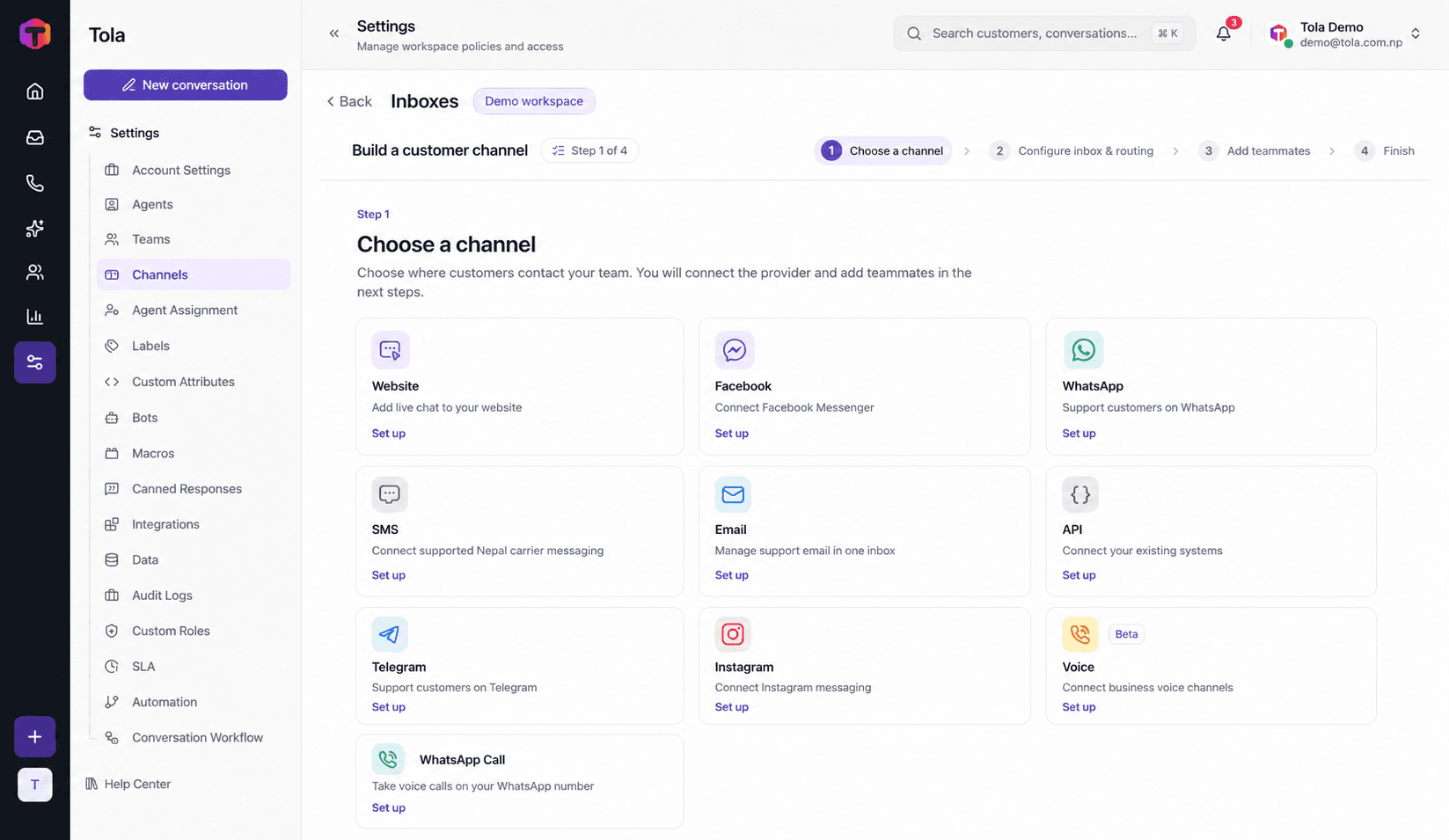 Tola demo workspace showing available SMS, WhatsApp, voice, email and web support channels