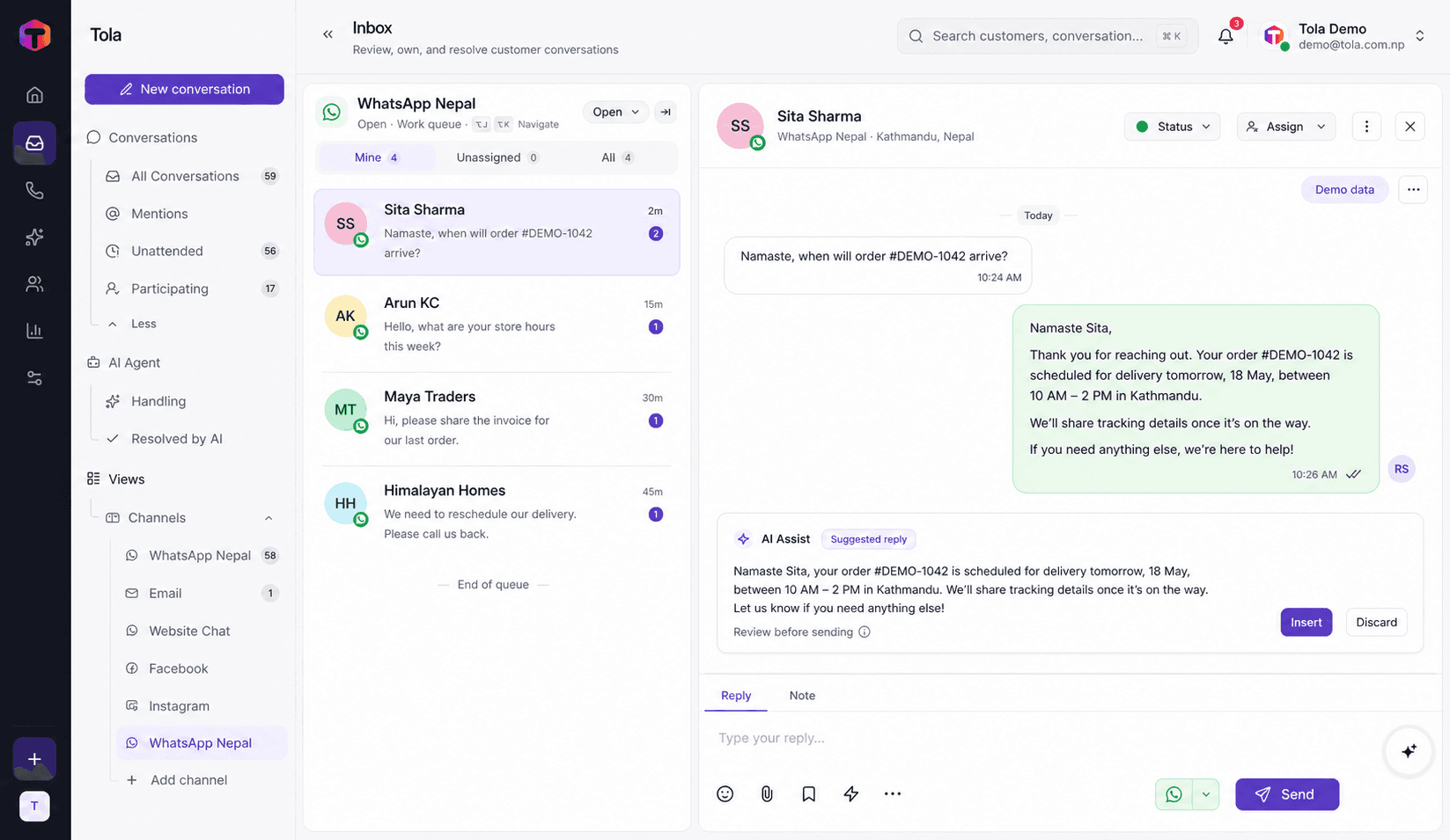 Tola WhatsApp Nepal inbox with fictional demo conversations, team controls and AI-assisted replies