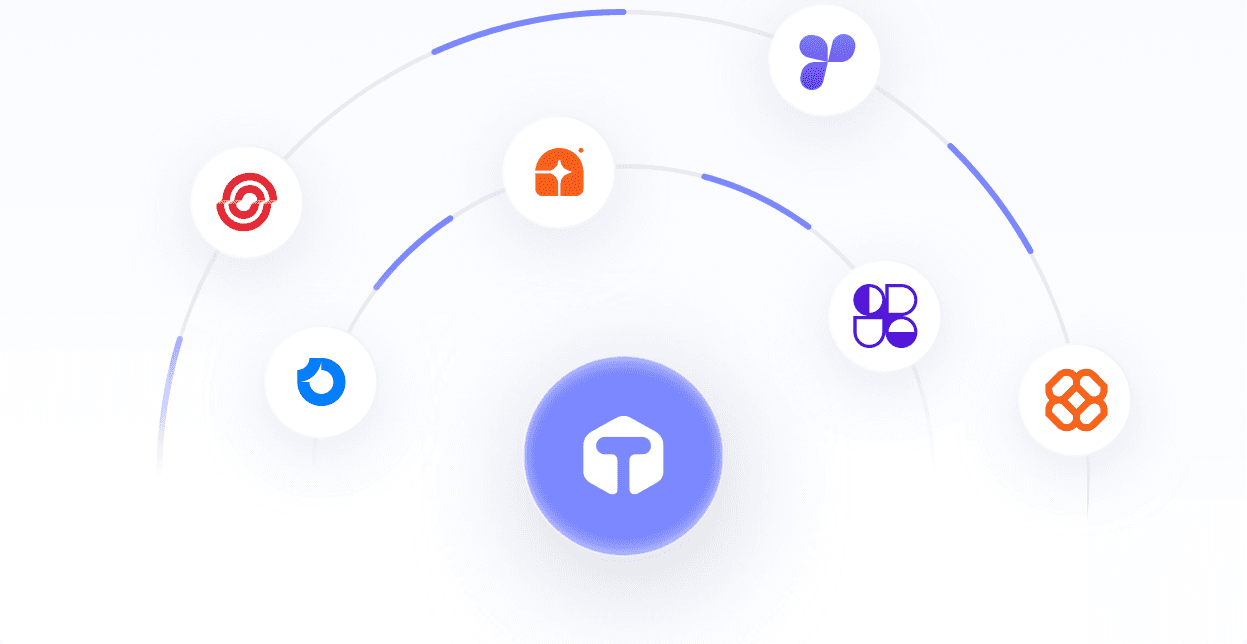 Tola at the centre of an orbit of connected third-party app icons.