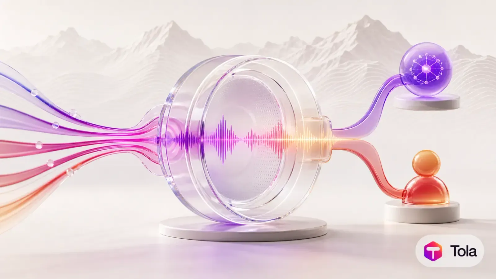 Inbound call streams entering a glass acoustic core and emerging as a bright waveform that splits toward a glowing AI intelligence orb and a human agent figure, over faint Himalayan ridges.