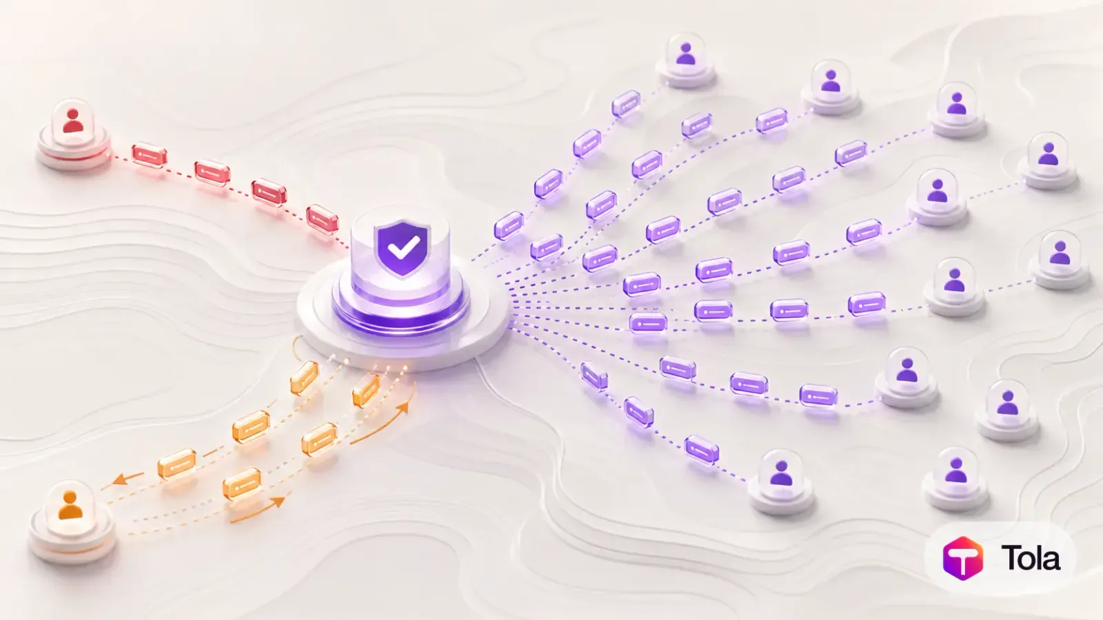 A verified-sender shield on a glowing platform fanning purple message capsules along dotted delivery routes out to dozens of recipient avatars, above white topographic contours.