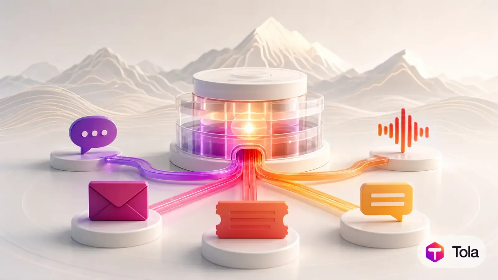 Email, live chat, voice and ticket icons on white podiums, each linked by a glowing gradient channel into a single illuminated glass support hub, with Himalayan contour lines in the background.
