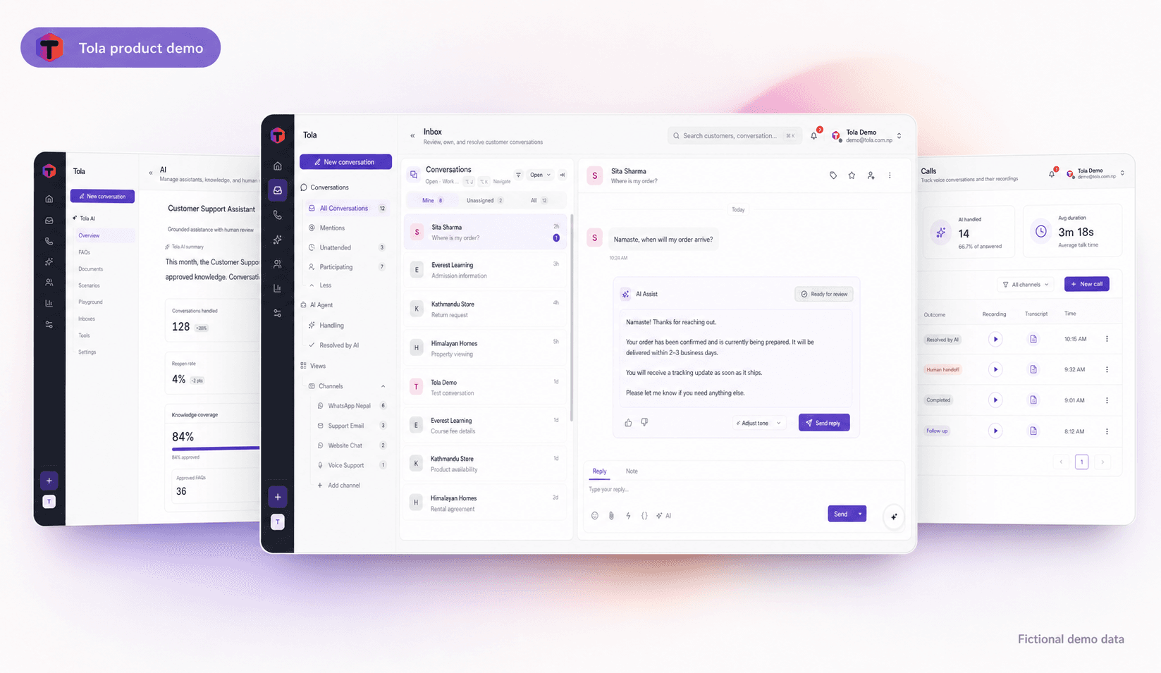 Tola product demo combining the shared inbox, AI assistant and calling workspace with fictional data