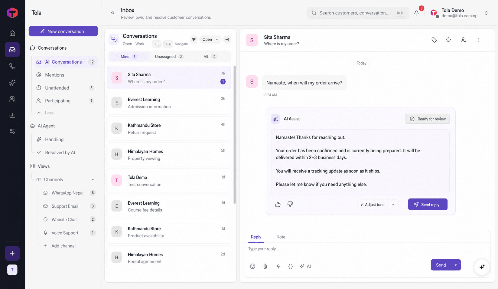Tola shared customer support inbox with fictional demo conversations and AI assistance