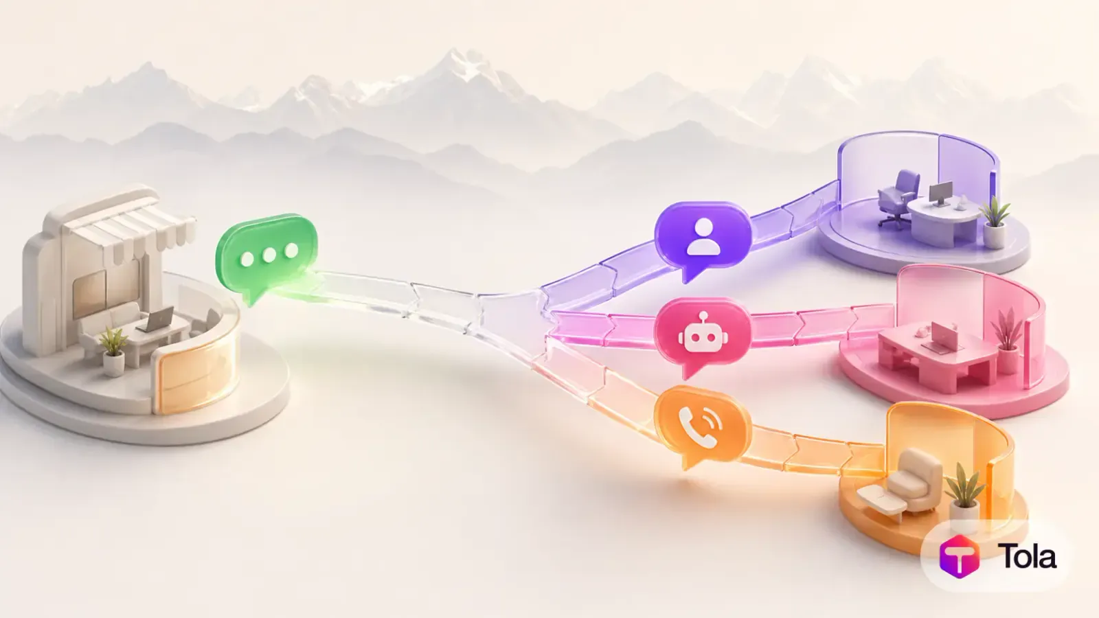 A small storefront's green chat bubble travelling along a glass path that splits into three lanes marked with person, bot and phone-call bubbles, each ending at a coloured team workspace pod below Himalayan peaks.